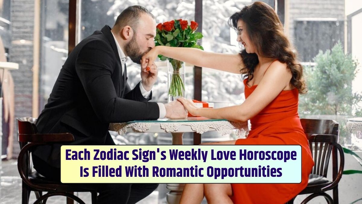 Each zodiac sign's weekly love horoscope, brimming with romantic opportunities, awaits the romantic couple at dinner.