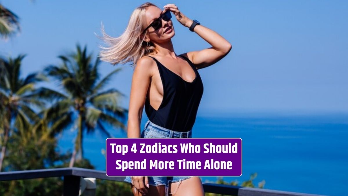 The fit European woman, donning a swimsuit and denim shorts on vacation, would benefit from spending more time alone.
